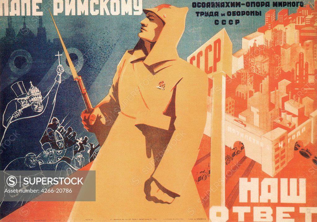 Stock Photo: 4266-20786 Our reply to the Pope. Osoaviakhim is the support of peaceful labour and defence by Gershanik, Roman Vasilyevich (1898-1984)/ Russian State Library, Moscow/ Russia/ Colour lithograph/ Soviet political agitation art/ 71x95/ Poster and Graphic design