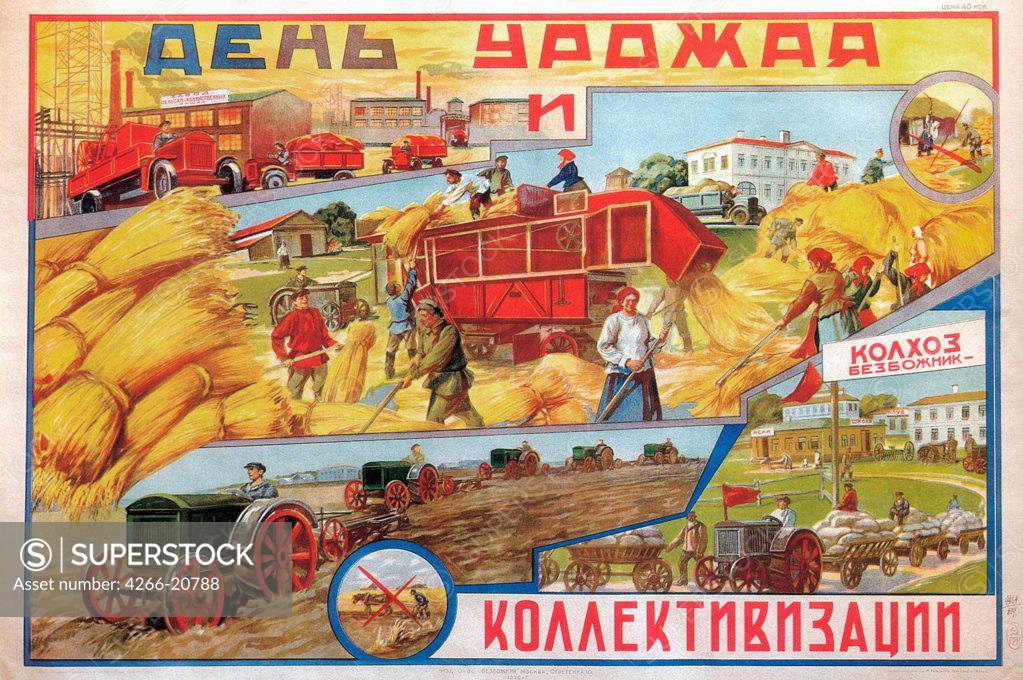 Stock Photo: 4266-20788 Day of harvest and collectivisation by Anonymous  / Russian State Library, Moscow/ 1930/ Russia/ Colour lithograph/ Soviet political agitation art/ 62x94/ Poster and Graphic design