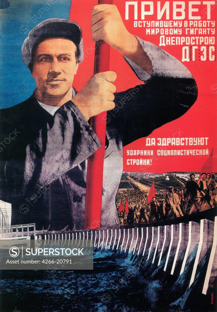 Stock Photo: 4266-20791 Greetings to the recently launched world giant Dneprostroi by Klutsis, Gustav (1895-1938)/ Russian State Library, Moscow/ 1932/ Russia/ Colour lithograph/ Soviet political agitation art/ 141,5x100/ Poster and Graphic design