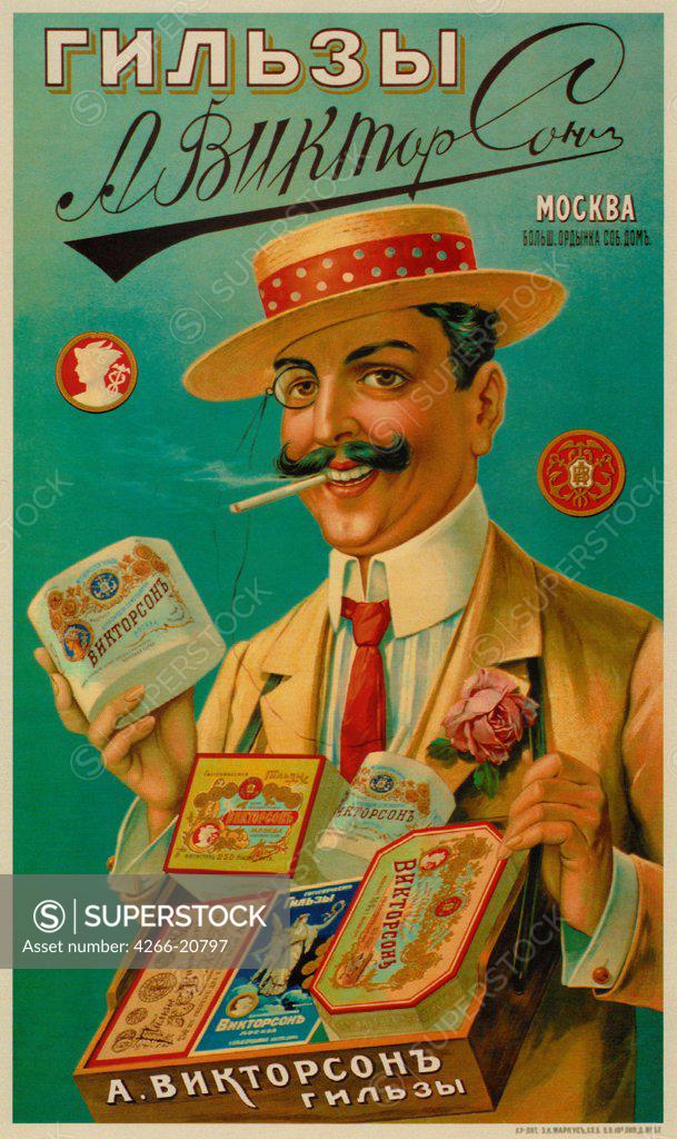 Stock Photo: 4266-20797 Poster for the Viktorson Cigarette Covers by Anonymous  / Russian State Library, Moscow/ 1905/ Russia/ Colour lithograph/ Art Nouveau/ Poster and Graphic design