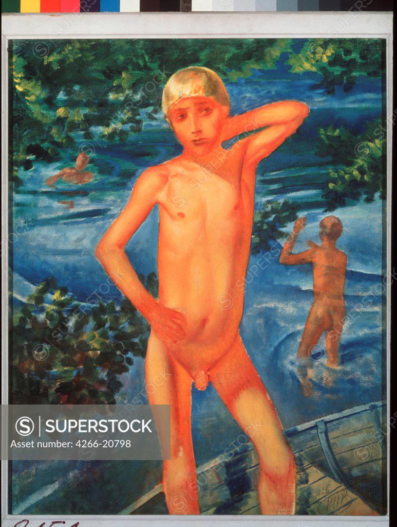 Stock Photo: 4266-20798 Bathing Boys by Petrov-Vodkin, Kuzma Sergeyevich (1878-1939)/ Private Collection/ 1921/ Russia/ Oil on canvas/ Russian Painting, End of 19th - Early 20th cen./ 40x47/ Genre