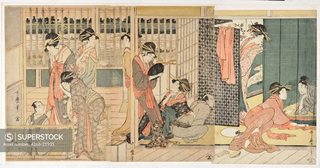 Morning Parting at the Temporary Lodgings of the Pleasure Quarter by Utamaro, Kitagawa (1753-1806)/ Honolulu Academy of Arts/ 1801/ Japan/ Colour linocut/ The Oriental Arts/ 37,4x74/ Genre