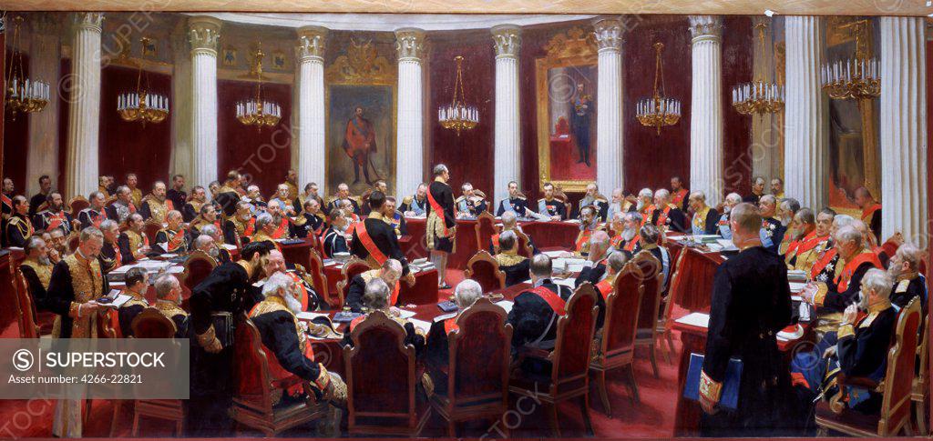 Stock Photo: 4266-22821 The Ceremonial sitting of the State Council on May 7, 1901 by Repin, Ilya Yefimovich (1844-1930)/ State Russian Museum, St. Petersburg/ 1901/ Russia/ Oil on canvas/ Russian Painting, End of 19th - Early 20th cen./ 40,5x88,5/ History