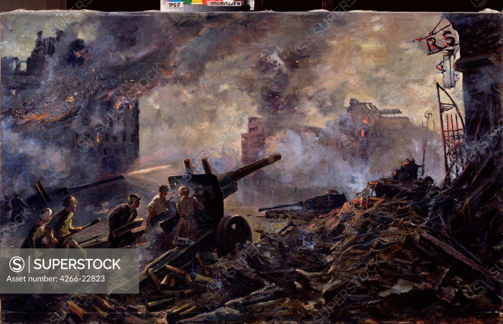 Stock Photo: 4266-22823 The street fighting of the artillery during the taking of Berlin by Obrynba, Nikolai Ippolitovich (1913-1985)/ State Central Artillery Museum, St. Petersburg/ 1947/ Russia/ Oil on canvas/ Soviet Art/ 116x165/ History