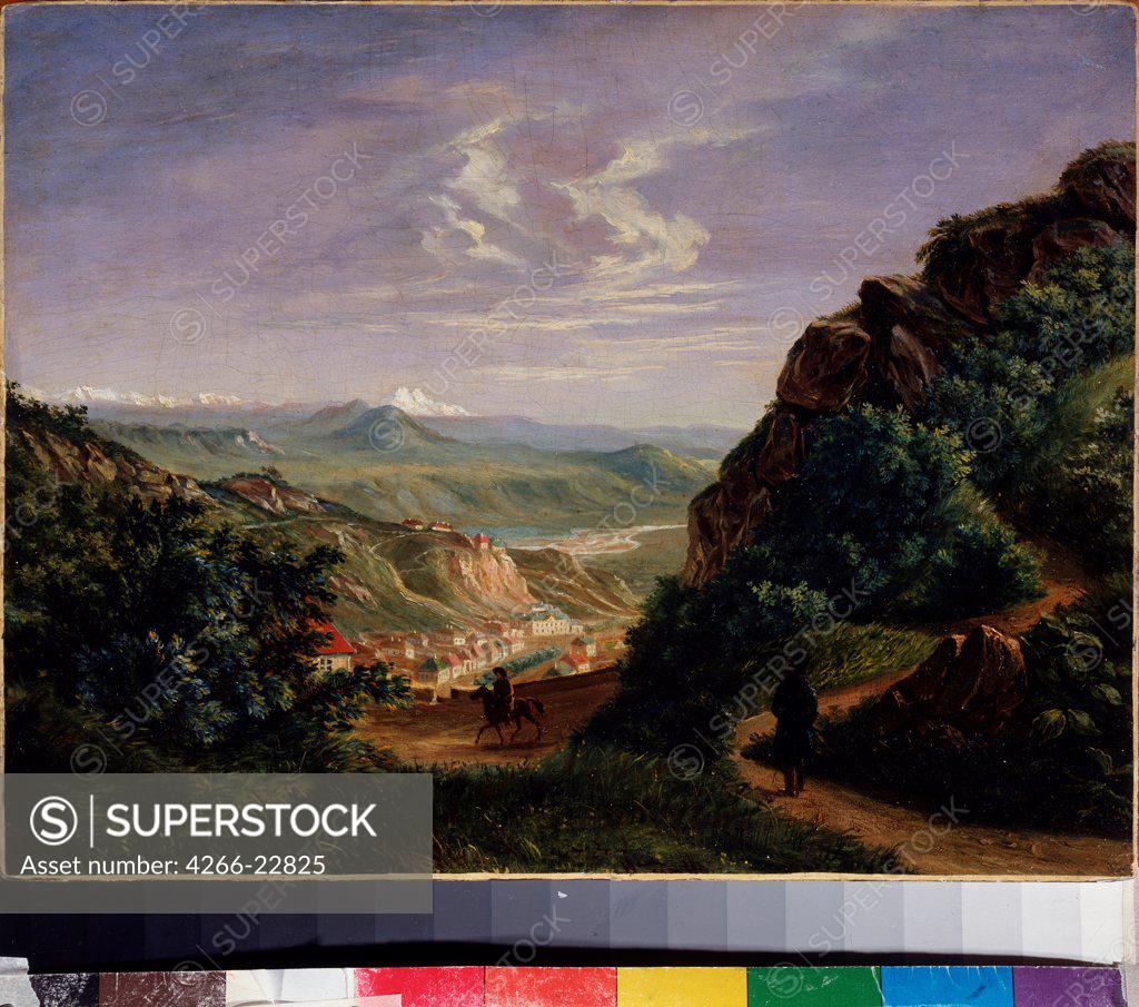 Stock Photo: 4266-22825 View of Pyatigorsk by Lermontov, Mikhail Yuryevich (1814-1841)/ State Central Literary Museum, Moscow/ 1837-1838/ Russia/ Oil on canvas/ Russian Painting of 19th cen./ 26,6x34,4/ Landscape