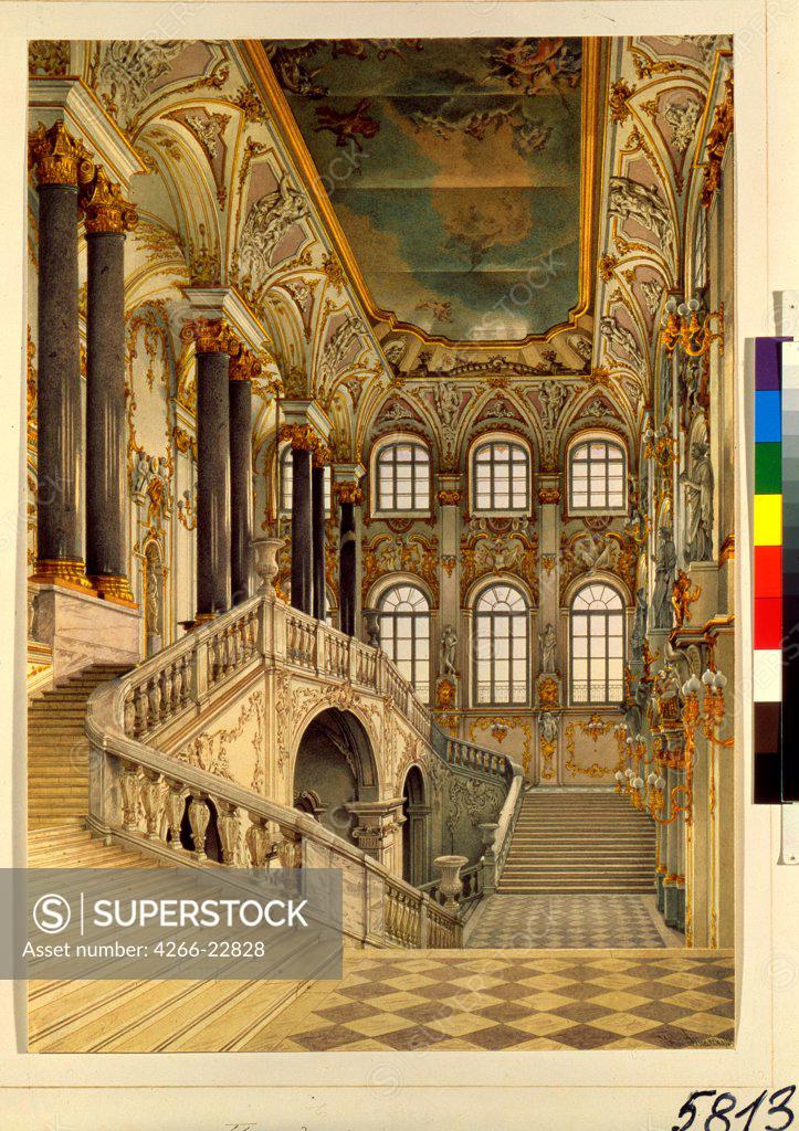 Stock Photo: 4266-22828 The Grand staircase of the Winter palace (Also known as Ambassador's staircase or Jordan staircase) by Ukhtomsky, Konstantin Andreyevich (1818-1881)/ State Hermitage, St. Petersburg/ 1860s/ Russia/ Watercolour on paper/ Russian Painting of 19th cen./ 44,