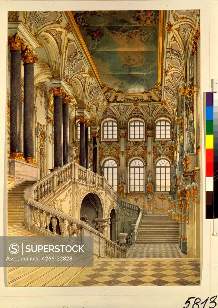 The Grand staircase of the Winter palace (Also known as Ambassador's staircase or Jordan staircase) by Ukhtomsky, Konstantin Andreyevich (1818-1881)/ State Hermitage, St. Petersburg/ 1860s/ Russia/ Watercolour on paper/ Russian Painting of 19th cen./ 44,