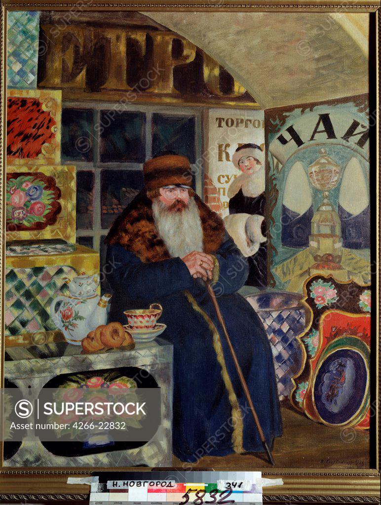 Stock Photo: 4266-22832 A Bags Merchant by Kustodiev, Boris Michaylovich (1878-1927)/ State Art Museum, Nizhny Novgorod/ 1923/ Russia/ Oil on canvas/ Russian Painting, End of 19th - Early 20th cen./ 97x79/ Genre