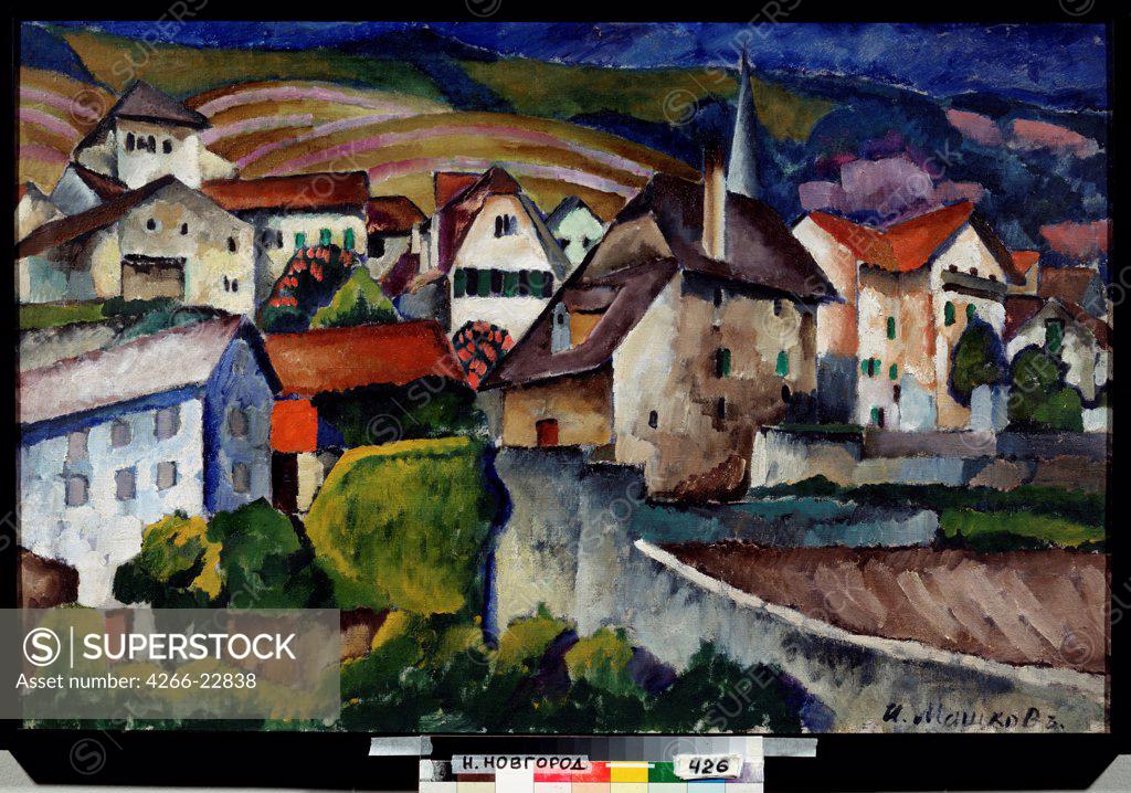 Stock Photo: 4266-22838 A Little Town in Switzerland by Mashkov, Ilya Ivanovich (1881-1958)/ State Art Museum, Nizhny Novgorod/ 1914/ Russia/ Oil on canvas/ Russian Painting, End of 19th - Early 20th cen./ 75,5x115,5/ Landscape