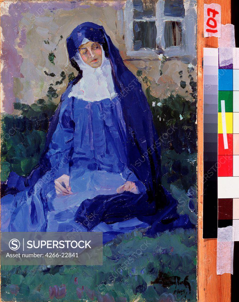 Stock Photo: 4266-22841 A nun by Nesterov, Mikhail Vasilyevich (1862-1942)/ State Art Museum of the Chuvash Republic, Tcheboksary/ 1909/ Russia/ Oil on cardboard/ Symbolism/ 31,7x20,6/ Genre