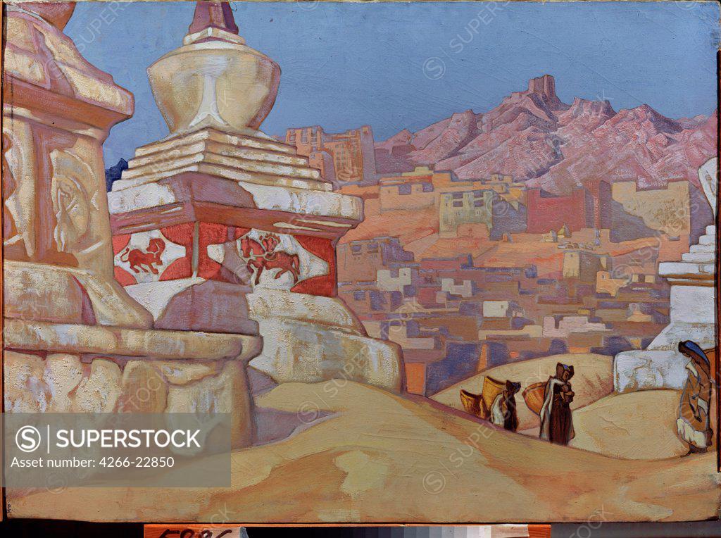 Stock Photo: 4266-22850 Steed of Good Fortune (From Maitreya suite) by Roerich, Nicholas (1874-1947)/ State Art Museum, Nizhny Novgorod/ 1925/ Russia/ Tempera on cardboard/ Symbolism/ 73x100,5/ Architecture, Interior,Landscape