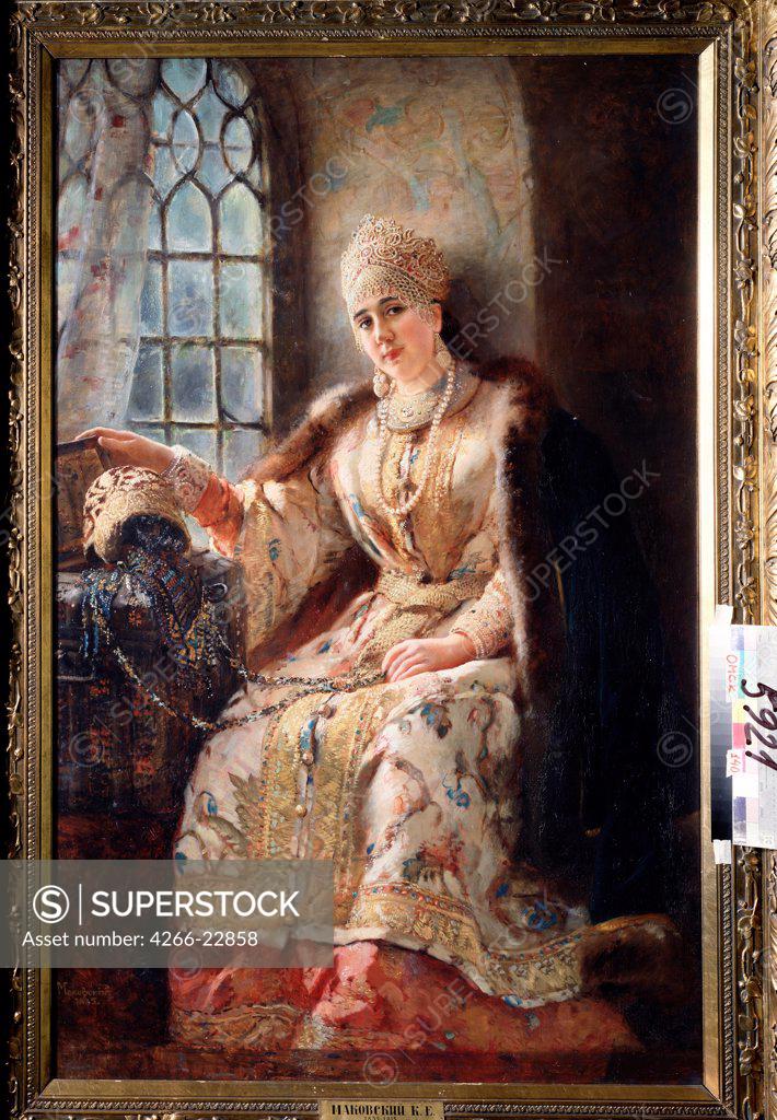 Stock Photo: 4266-22858 Boyar's Wife at the Window by Makovsky, Konstantin Yegorovich (1839-1915)/ Regional M. Vrubel Art Museum, Omsk/ 1885/ Russia/ Oil on canvas/ Russian Painting of 19th cen./ 174x117/ Genre