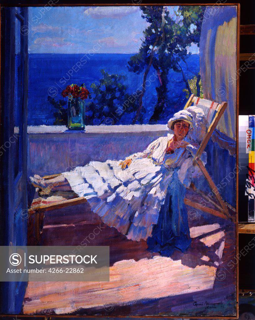 Stock Photo: 4266-22862 A lady on the balcony by Vinogradov, Sergei Arsenyevich (1869-1938)/ Regional M. Vrubel Art Museum, Omsk/ 1916/ Russia/ Oil on canvas/ Russian Painting, End of 19th - Early 20th cen./ 102x82/ Genre
