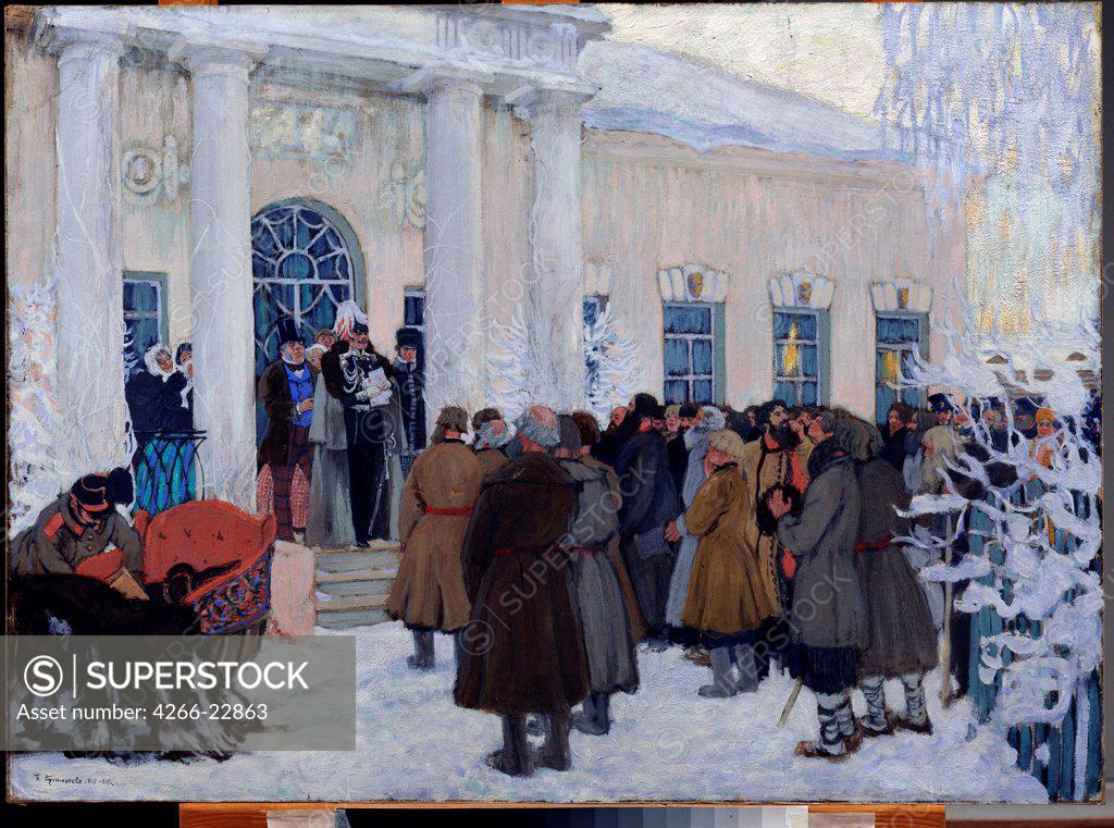 Stock Photo: 4266-22863 The Announcement the Emancipation Manifesto of 1861 by Kustodiev, Boris Michaylovich (1878-1927)/ State Art Museum, Nizhny Novgorod/ 1908-1909/ Russia/ Oil on canvas/ Russian Painting, End of 19th - Early 20th cen./ 58x80/ History