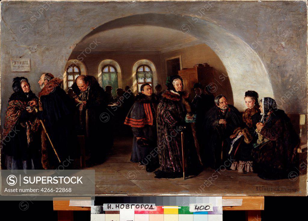 Stock Photo: 4266-22868 The Treasury at the Pension Day by Makovsky, Vladimir Yegorovich (1846-1920)/ State Art Museum, Nizhny Novgorod/ 1876/ Russia/ Oil on canvas/ Russian Painting of 19th cen./ 52,5x82,5/ Genre