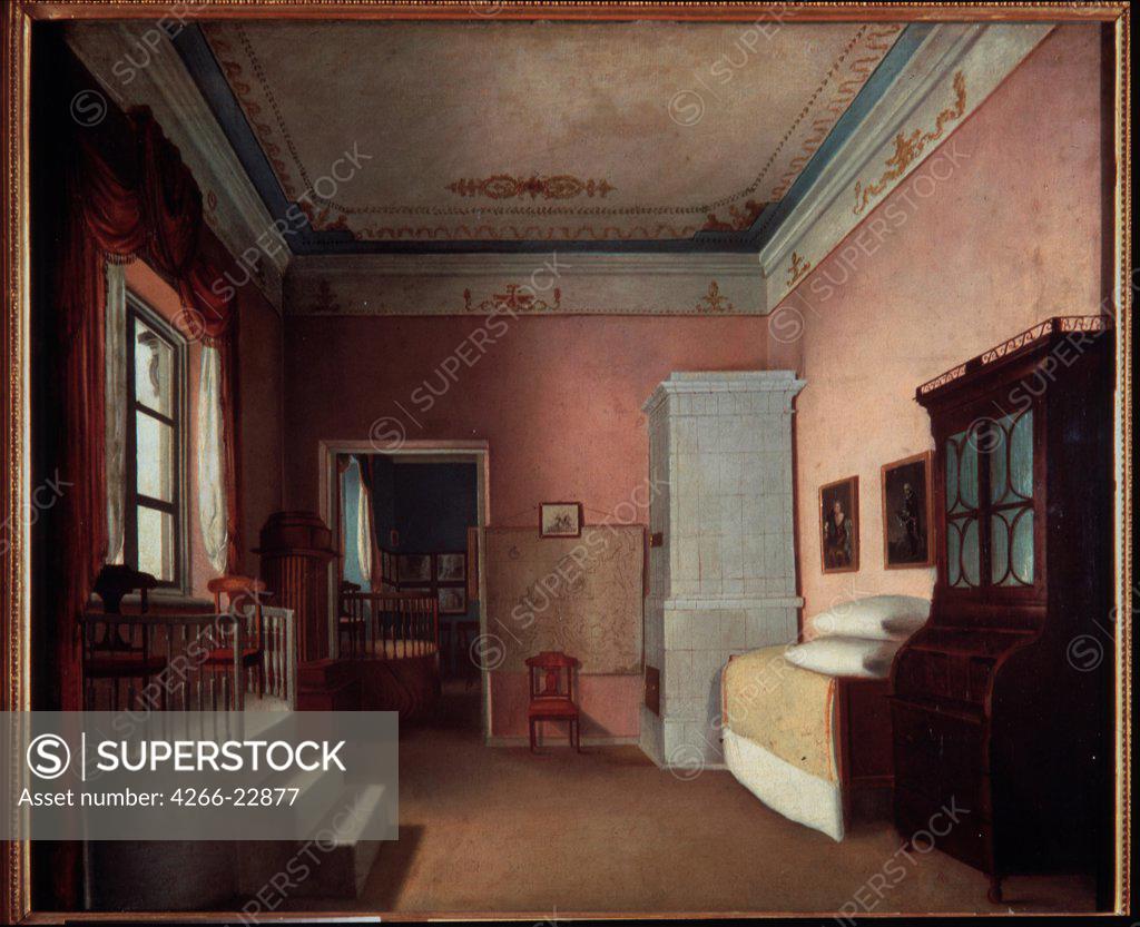 Stock Photo: 4266-22877 A room with a stepped platforn before the window by Russian master  / State Tretyakov Gallery, Moscow/ Second quarter of the 19th cen/ Russia/ Oil on canvas/ Russian Painting of 19th cen./ 58x71/ Architecture, Interior