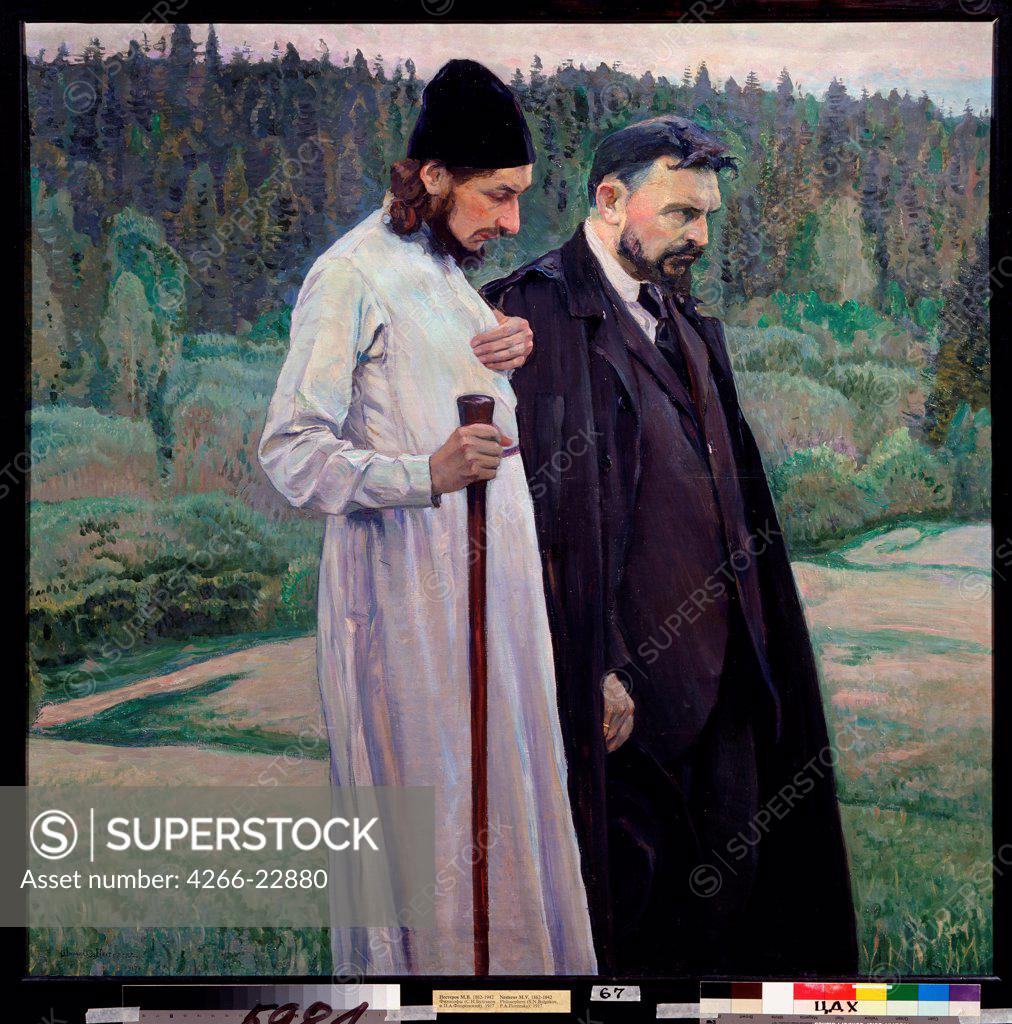 Stock Photo: 4266-22880 The Philosophers. Sergei Bulgakov (1871-1944) und Pavel Florensky (1882-1943) by Nesterov, Mikhail Vasilyevich (1862-1942)/ State Tretyakov Gallery, Moscow/ 1917/ Russia/ Oil on canvas/ Symbolism/ 123x125/ Portrait