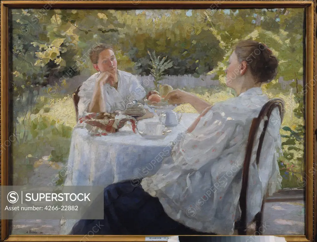 In the garden (Tea drinking) by Popov, Lukian Vasilyevich (1873-1914)/ Regional Art Museum, Orenburg/ 1911/ Russia/ Oil on canvas/ Russian Painting, End of 19th - Early 20th cen./ 85x111/ Genre