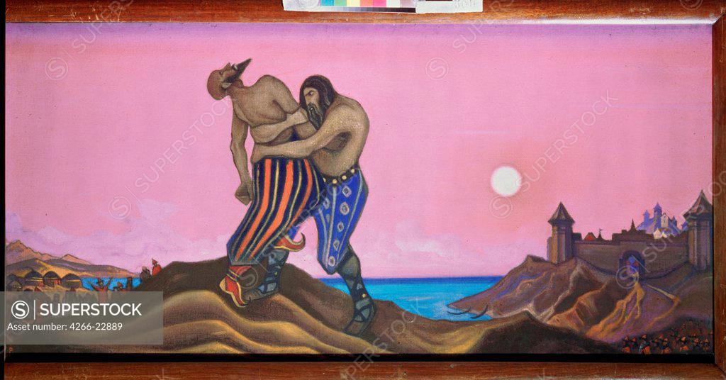 Stock Photo: 4266-22889 Duel between Mstislav and Rededya by Roerich, Nicholas (1874-1947)/ State Russian Museum, St. Petersburg/ 1943/ Russia/ Tempera on canvas/ Symbolism/ 57x123/ Mythology, Allegory and Literature