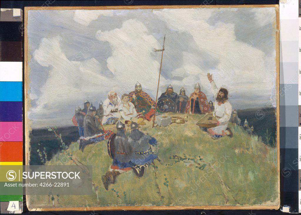 Stock Photo: 4266-22891 Boyan playing a gusli by Vasnetsov, Viktor Mikhaylovich (1848-1926)/ State Museum Abramtsevo Estate, near Moscow/ 1880/ Russia/ Oil on cardboard/ Russian Painting of 19th cen./ 33,5x42,2/ Music, Dance,Genre,Mythology, Allegory and Literature