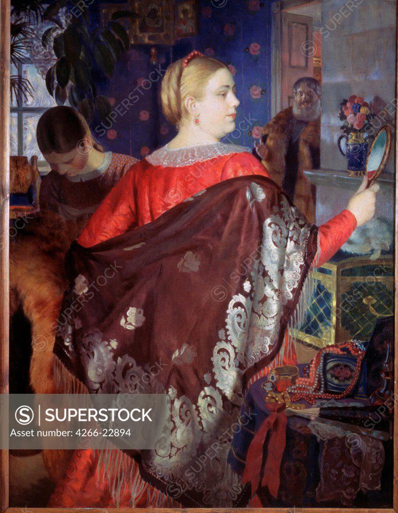 Stock Photo: 4266-22894 Merchant Wife with a Mirror by Kustodiev, Boris Michaylovich (1878-1927)/ State Russian Museum, St. Petersburg/ 1920/ Russia/ Oil on canvas/ Russian Painting, End of 19th - Early 20th cen./ 141x108/ Genre