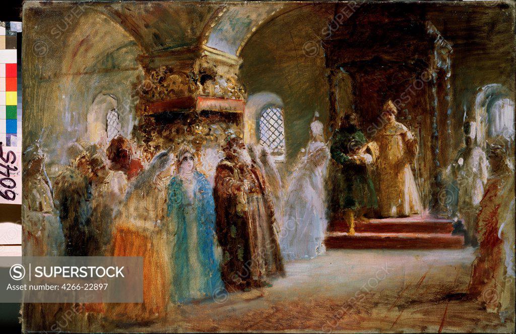 Stock Photo: 4266-22897 Tsar Alexei Mikhailovich Choosing a Bride by Makovsky, Konstantin Yegorovich (1839-1915)/ State Russian Museum, St. Petersburg/ 1887/ Russia/ Oil on canvas/ Russian Painting of 19th cen./ 53,5x79,5/ Genre