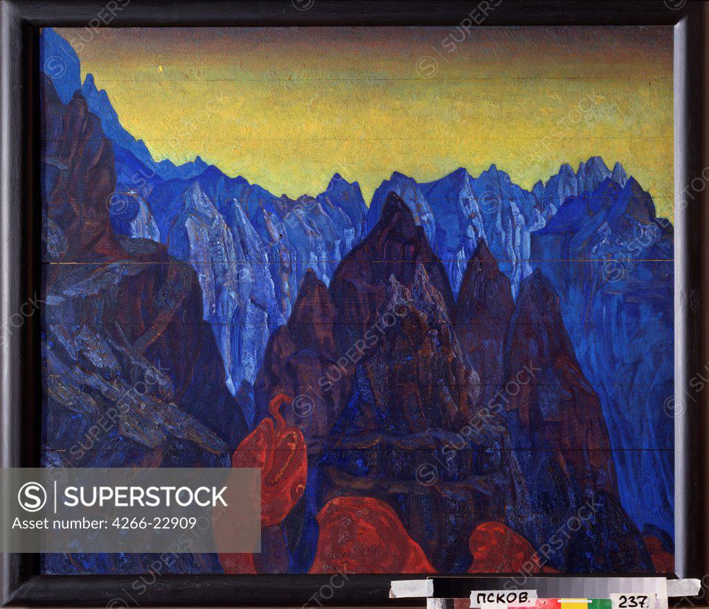 Stock Photo: 4266-22909 Cry of the Serpent by Roerich, Nicholas (1874-1947)/ State Open-air Museum of History, Architecture and Art, Pskov/ 1913-1914/ Russia/ Tempera on panel/ Symbolism/ 84x98/ Landscape,Mythology, Allegory and Literature
