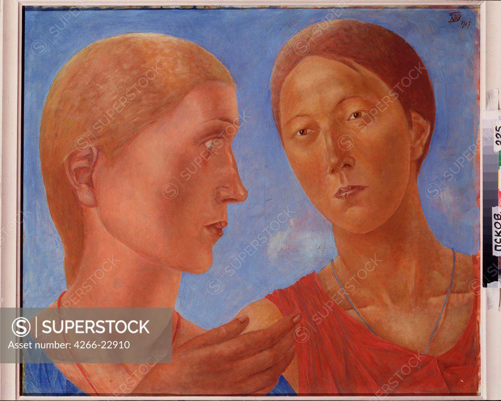 Stock Photo: 4266-22910 Two of them by Petrov-Vodkin, Kuzma Sergeyevich (1878-1939)/ State Open-air Museum of History, Architecture and Art, Pskov/ 1917/ Russia/ Oil on canvas/ Russian Painting, End of 19th - Early 20th cen./ 84x95/ Genre