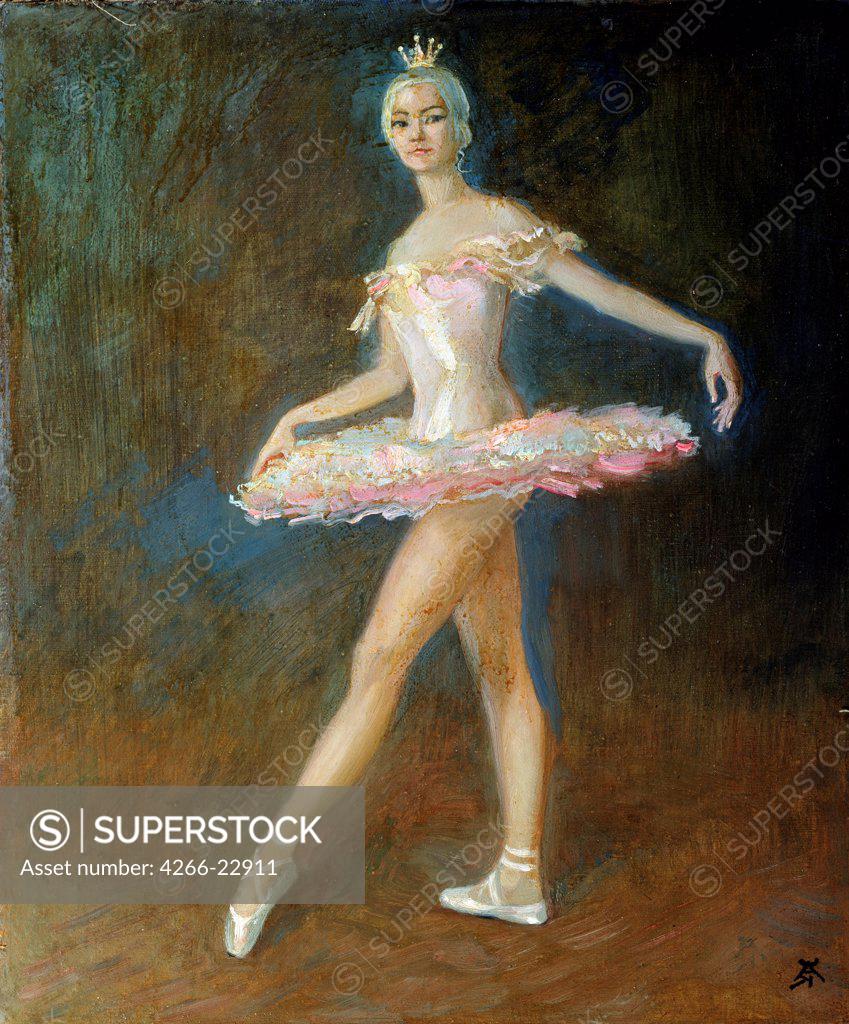 Stock Photo: 4266-22911 Ballet dancer Sophia Vinogradova as Odette in the ballet Swan Lake by P. Tchaikovsky by Kostromitin, Andrei Nikolayevich (1928-1999)/ State Central M. Glinka Museum of Music, Moscow/ 1970s/ Russia/ Oil on canvas/ Modern/ 60x50/ Opera, Ballet, Theatre,Por