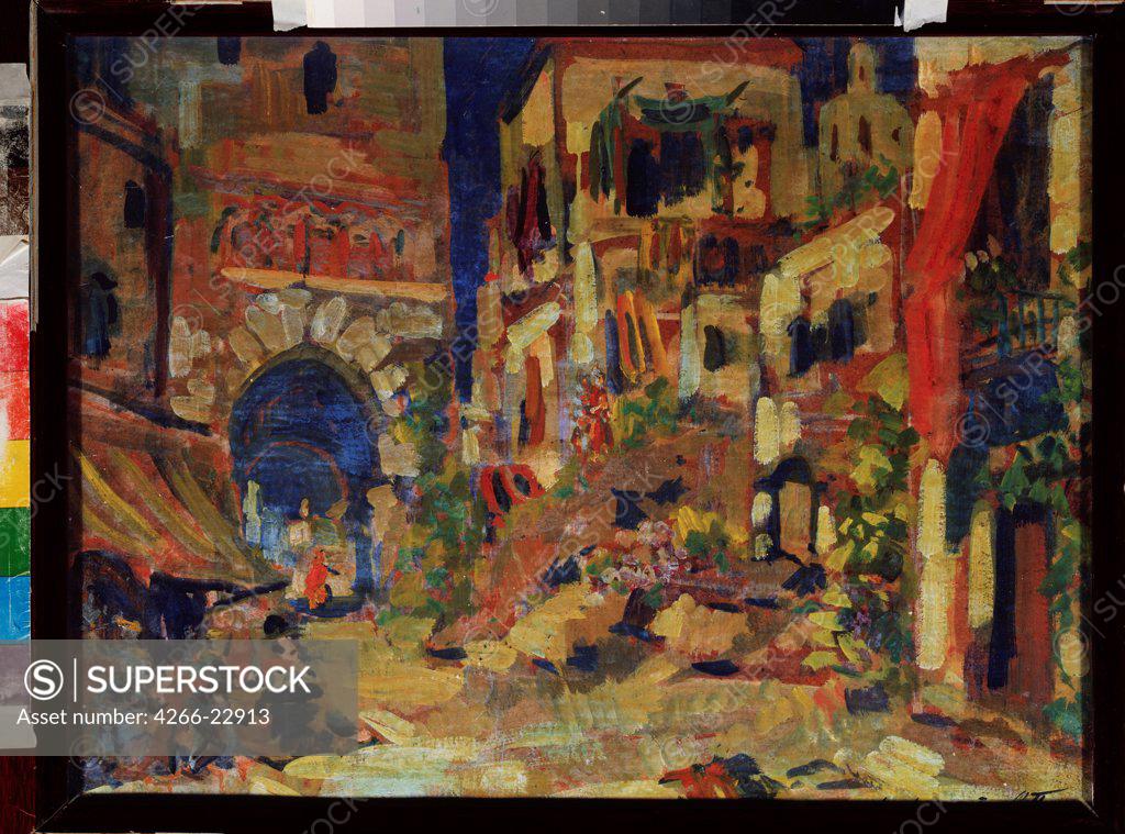 Stock Photo: 4266-22913 Stage design for the opera Don Quijote by J.E.F. Massenet by Petrov, Sergei Ivanovich (1881-1936)/ State Central M. Glinka Museum of Music, Moscow/ Russia/ Oil on canvas/ Theatrical scenic painting/ 45,5x60,5/ Opera, Ballet, Theatre