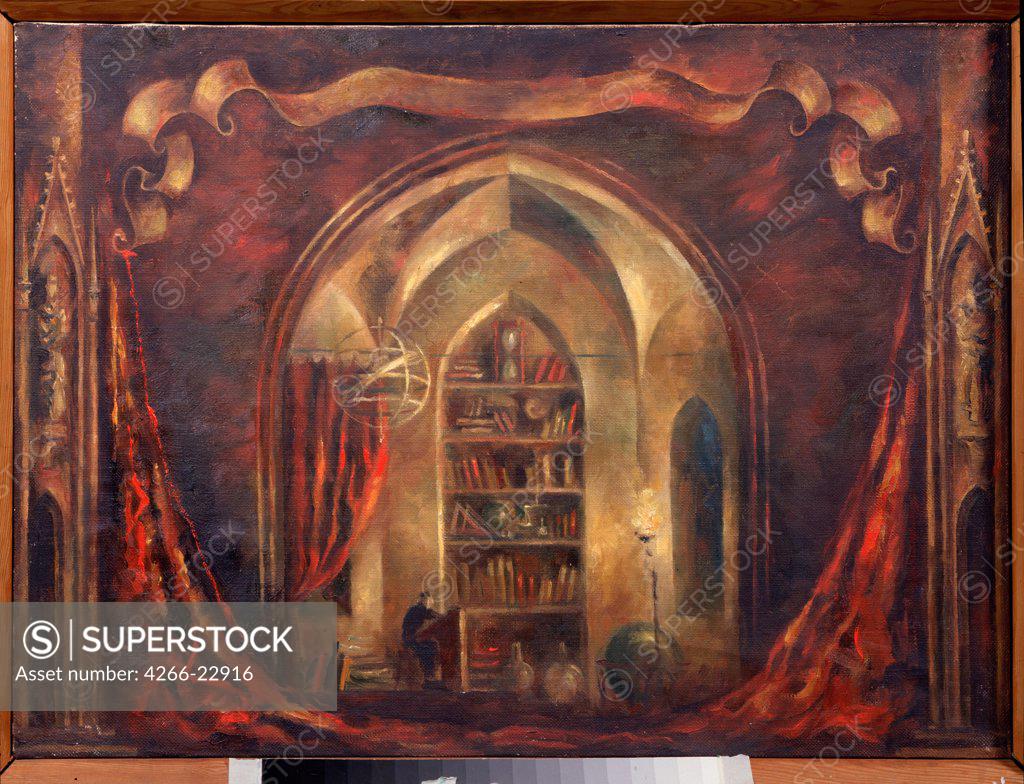 Stock Photo: 4266-22916 Stage design for the opera Faust by Ch. Gounod by Ryndin, Vadim Fyodorovich (1902-1974)/ State Central M. Glinka Museum of Music, Moscow/ 1961/ Russia/ Oil on canvas/ Theatrical scenic painting/ 54,5x75/ Opera, Ballet, Theatre
