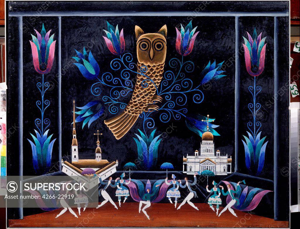 Stock Photo: 4266-22919 Set design for the ballet Lefthander by B. Alexandrov by Messerer, Boris Asafovich (*1933)/ State Central M. Glinka Museum of Music, Moscow/ 1976/ Russia/ Oil on canvas/ Theatrical scenic painting/ 80x100/ Opera, Ballet, Theatre