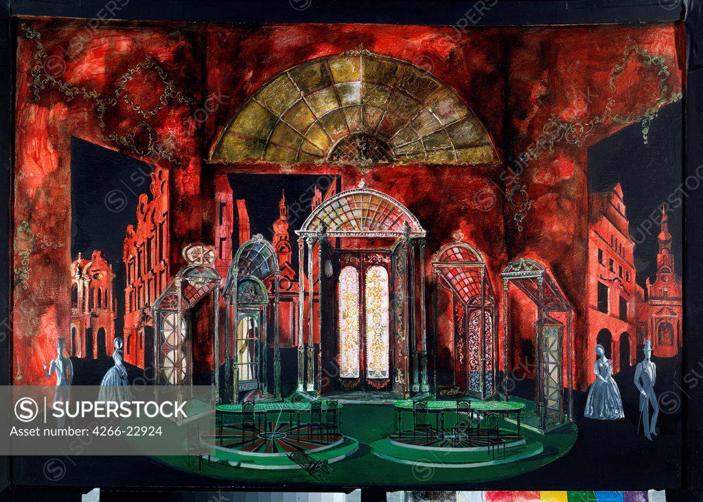 Stock Photo: 4266-22924 Stage design for the opera The Gambler by S. Prokofiev by Levental, Valeri Jakovlevich (*1938)/ State Central M. Glinka Museum of Music, Moscow/ 1973/ Russia/ Oil on canvas/ Theatrical scenic painting/ 70x100/ Opera, Ballet, Theatre