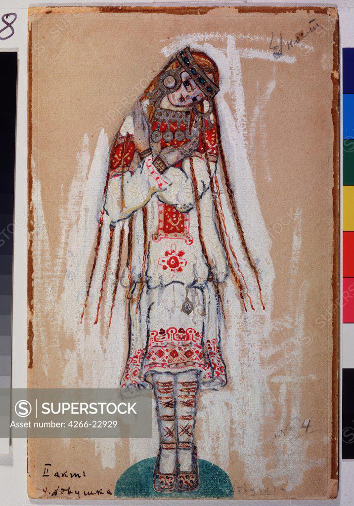 Stock Photo: 4266-22929 Costume design for the ballet The Rite of Spring (Le Sacre du Printemps) by I. Stravinski by Roerich, Nicholas (1874-1947)/ State Central A. Bakhrushin Theatre Museum, Moscow/ 1912/ Russia/ Gouache on cardboard/ Symbolism/ 24,3x15,2/ Opera, Ballet, Theat