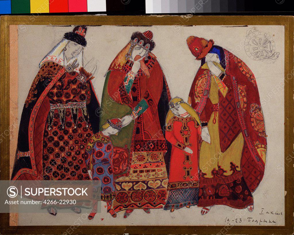 Stock Photo: 4266-22930 Costume design for the opera Prince Igor by A. Borodin by Roerich, Nicholas (1874-1947)/ State Central A. Bakhrushin Theatre Museum, Moscow/ 1914/ Russia/ Pencil, Gouache and ink on paper/ Symbolism/ 26,2x35/ Opera, Ballet, Theatre