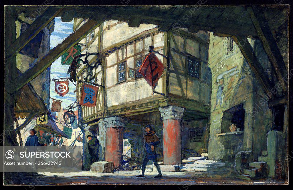 Stock Photo: 4266-22943 Stage design for the theatre play Fair at Indict of St Dyonysius by N. Yefreynov by Lanceray (Lansere), Evgeny Evgenyevich (1875-1946)/ State Central A. Bakhrushin Theatre Museum, Moscow/ 1907/ Russia/ Watercolour, Gouache on cardboard/ Theatrical scenic