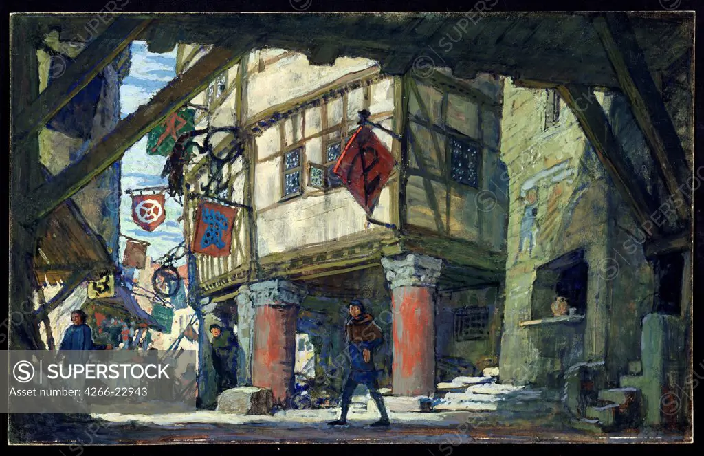 Stage design for the theatre play Fair at Indict of St Dyonysius by N. Yefreynov by Lanceray (Lansere), Evgeny Evgenyevich (1875-1946)/ State Central A. Bakhrushin Theatre Museum, Moscow/ 1907/ Russia/ Watercolour, Gouache on cardboard/ Theatrical scenic