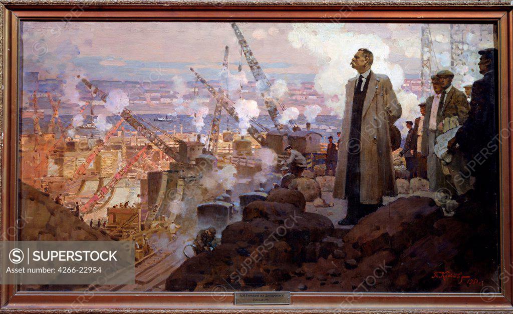 Stock Photo: 4266-22954 Maxim Gorky at the Construction of the Dnieper Hydroelectric Station by Kotov, Pyotr Ivanovich (1889-1953)/ State Central Literary Museum, Moscow/ 1951/ Russia/ Oil on canvas/ Soviet Art/ 72x126/ Portrait,Genre
