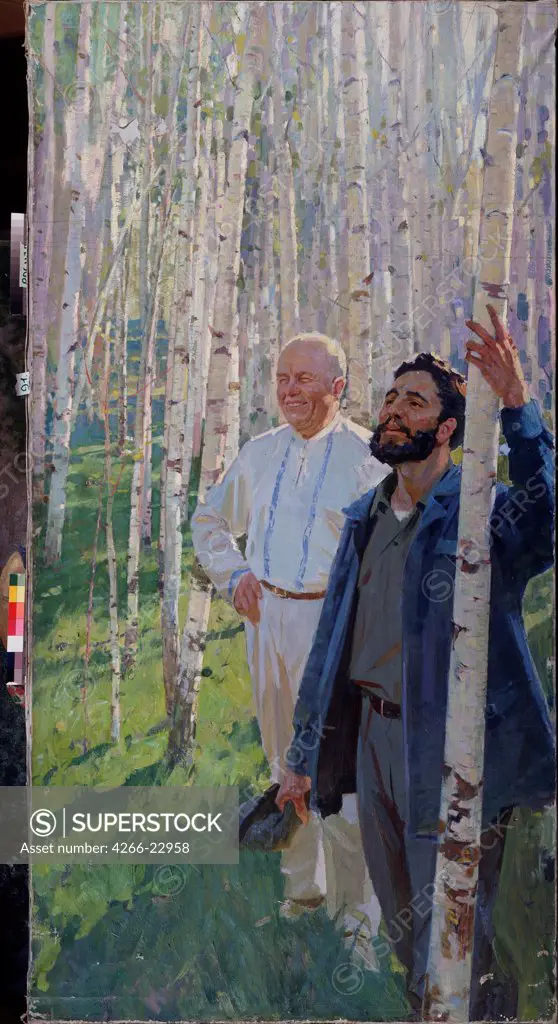 Nikita Khrushchev and Fidel Castro in a Birch Grove by Samsonov, Marat Ivanovich (*1925)/ State Museum- and exhibition Centre ROSIZO, Moscow/ 1960s/ Russia/ Oil on canvas/ Soviet Art/ 242x126/ Portrait,Genre