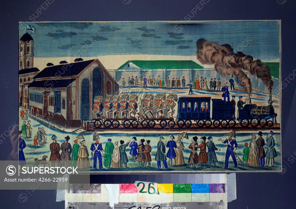 Stock Photo: 4266-22959 Departure from the Moscow Rail Terminal in St. Petersburg by Russian master  / State History Museum, Moscow/ 1860/ Russia/ Watercolour and ink on paper/ Primitivism/ Genre