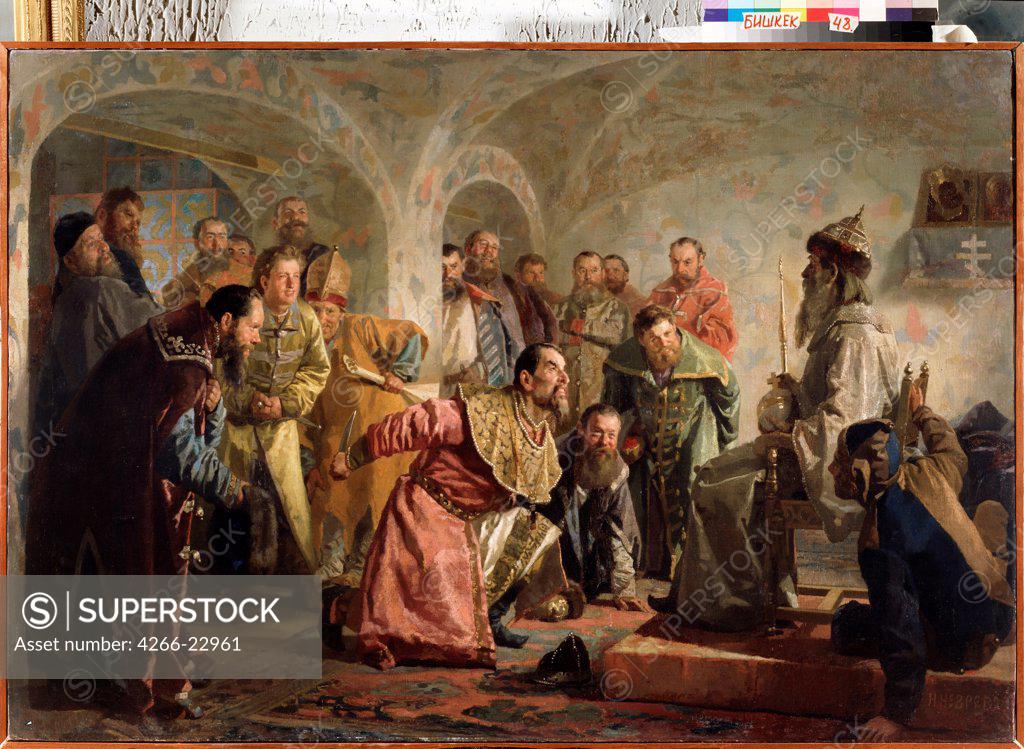Stock Photo: 4266-22961 The Oprichnina at the Court of Ivan IV by Nevrev, Nikolai Vasilyevich (1830-1904)/ State Art Museum of the Kyrgyz Republic, Bishkek/ Russia/ Oil on canvas/ Russian Painting of 19th cen./ 104x152/ Genre,History