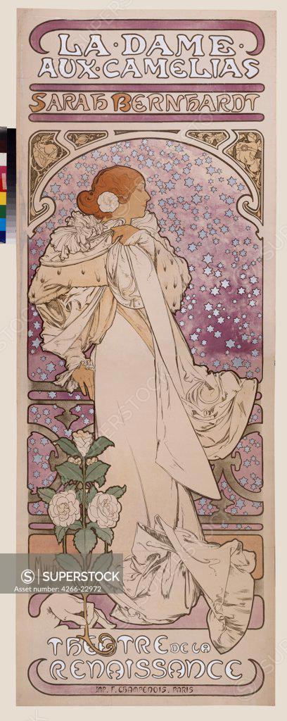 Stock Photo: 4266-22972 Poster for the play La Dame aux Camelias by A. Dumas in the Theatre de la Renaissanse (Upper part) by Mucha, Alfons Marie (1860-1939)/ State A. Pushkin Museum of Fine Arts, Moscow/ 1896/ Czechia/ Colour lithograph/ Art Nouveau/ 202x70/ Opera, Ballet, The
