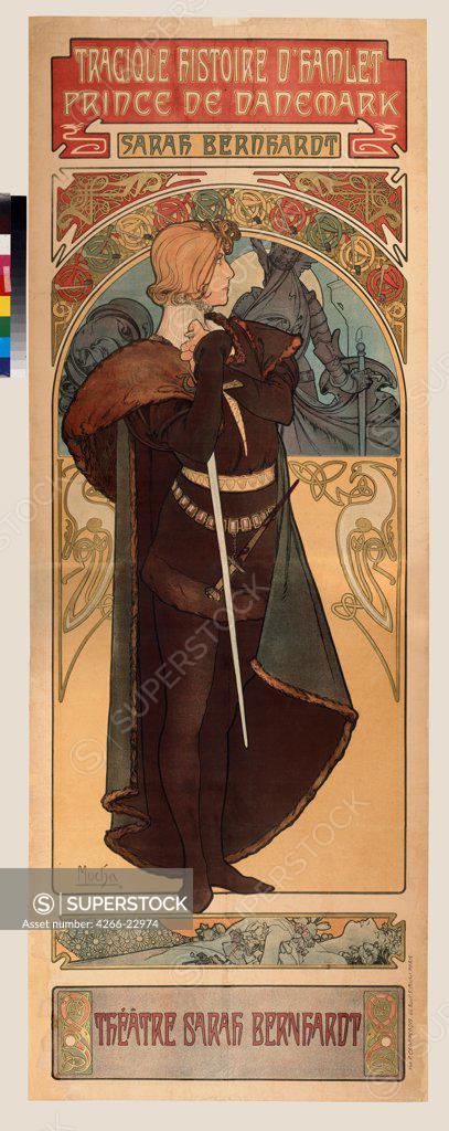 Stock Photo: 4266-22974 Poster for the theatre play Hamlet by W. Shakespeare in the Theatre Sarah Bernardt (Upper part) by Mucha, Alfons Marie (1860-1939)/ State A. Pushkin Museum of Fine Arts, Moscow/ 1899/ Czechia/ Colour lithograph/ Art Nouveau/ 200x70/ Opera, Ballet, Theatr