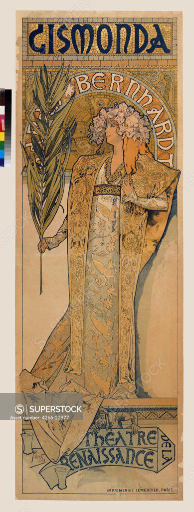 Stock Photo: 4266-22977 Poster for the theatre play Gismonda by V. Sardou  (Upper part) by Mucha, Alfons Marie (1860-1939)/ State A. Pushkin Museum of Fine Arts, Moscow/ 1895/ Czechia/ Colour lithograph/ Art Nouveau/ 215x75,5/ Opera, Ballet, Theatre,Poster and Graphic design