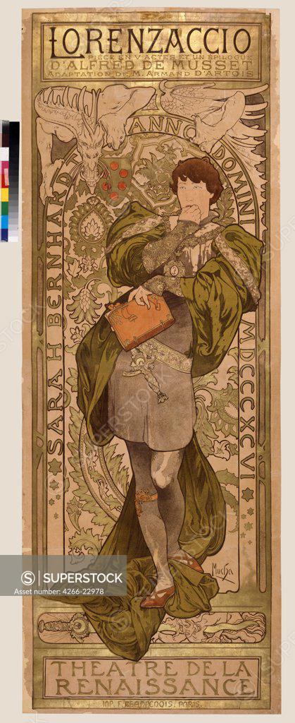 Stock Photo: 4266-22978 Poster for the theatre play Lorenzaccio by A. de Musset in the Theatre de la Renaissanse (Upper part) by Mucha, Alfons Marie (1860-1939)/ State A. Pushkin Museum of Fine Arts, Moscow/ 1896/ Czechia/ Colour lithograph/ Art Nouveau/ 200x75/ Opera, Ballet,