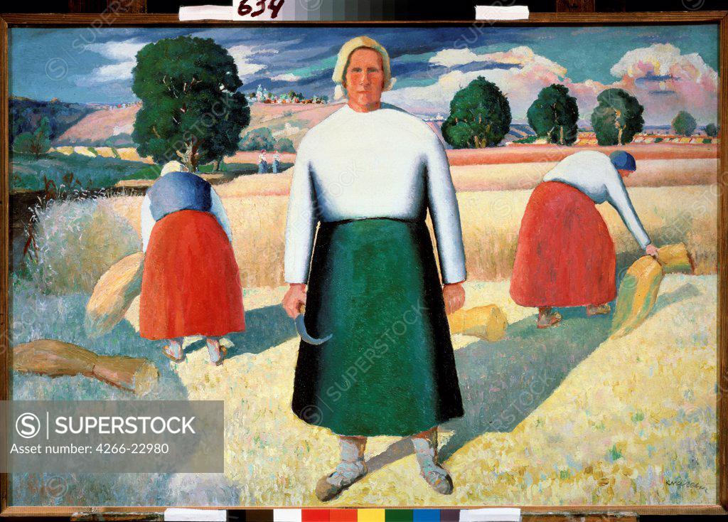 Stock Photo: 4266-22980 Reapers by Malevich, Kasimir Severinovich (1878-1935)/ State Russian Museum, St. Petersburg/ 1909-1910 or after 1927/ Russia/ Oil on wood/ Russian avant-garde/ 71x103,2/ Genre