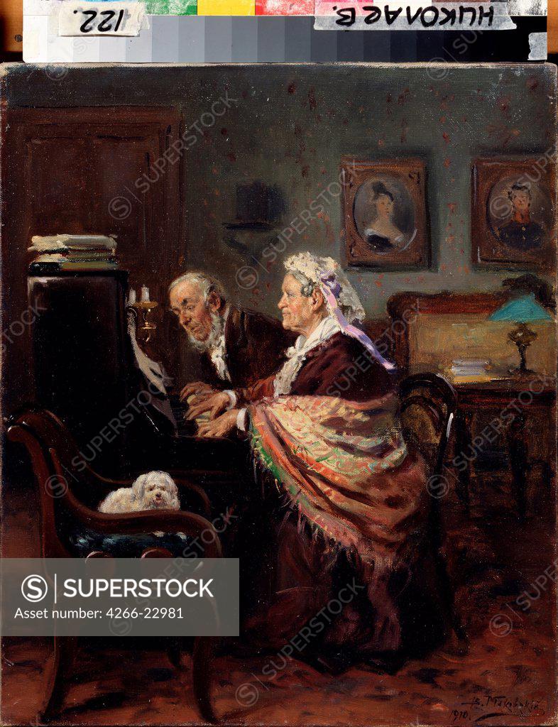 Stock Photo: 4266-22981 Piano Duet by Makovsky, Vladimir Yegorovich (1846-1920)/ Regional W. Wereshchagin Art Museum, Mykolaiv/ 1910/ Russia/ Oil on canvas/ Russian Painting, End of 19th - Early 20th cen./ 45x37/ Music, Dance,Genre