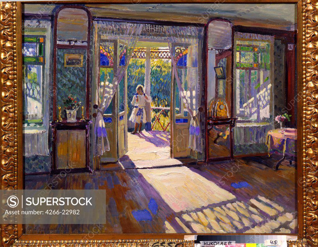 Stock Photo: 4266-22982 In a house by Vinogradov, Sergei Arsenyevich (1869-1938)/ Regional W. Wereshchagin Art Museum, Mykolaiv/ 1913/ Russia/ Oil on canvas/ Russian Painting, End of 19th - Early 20th cen./ 89,5x107,5/ Architecture, Interior