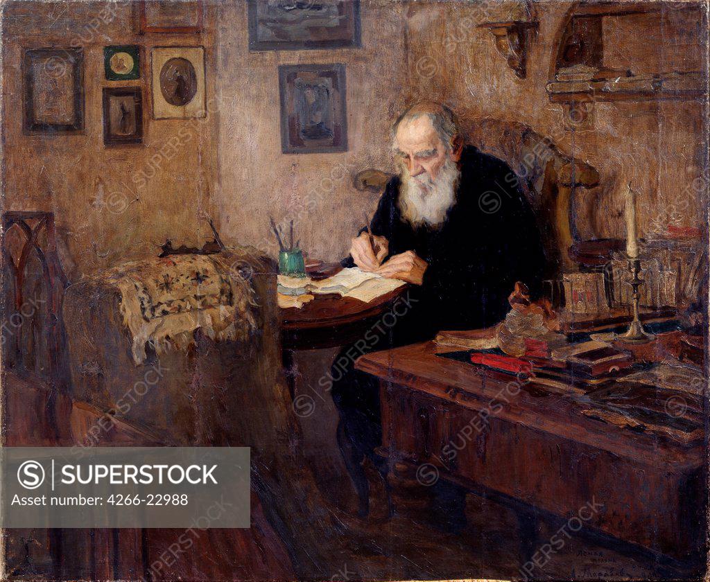 Stock Photo: 4266-22988 Portrait of the author Leo N. Tolstoy (1828-1910) by Moravov, Alexander Viktorovich (1878-1951)/ State Tretyakov Gallery, Moscow/ 1909/ Russia/ Oil on canvas/ Russian Painting, End of 19th - Early 20th cen./ 66,3x80,4/ Portrait