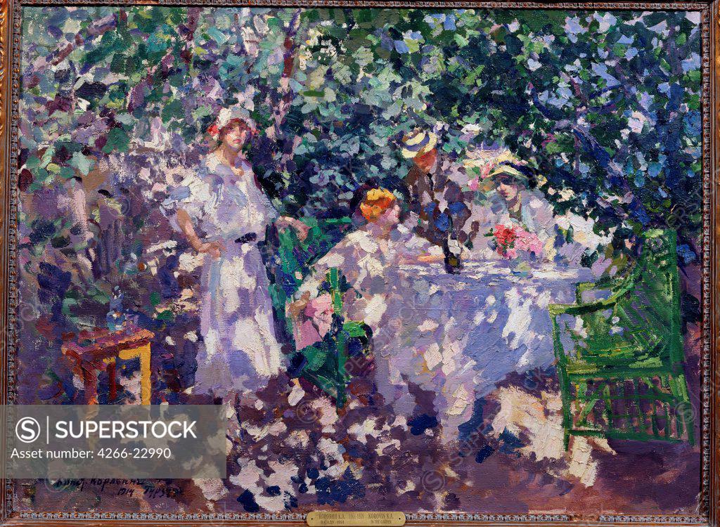 Stock Photo: 4266-22990 In the Garden by Korovin, Konstantin Alexeyevich (1861-1939)/ State Tretyakov Gallery, Moscow/ 1914/ Russia/ Oil on canvas/ Russian Painting, End of 19th - Early 20th cen./ 89,5x121,3/ Landscape,Genre